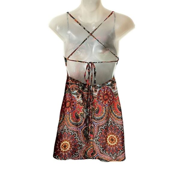 SHEIN Mini Dress Crisscross Tie Back Paisley Orange Red Black Multi Junior XS - Picture 2 of 9